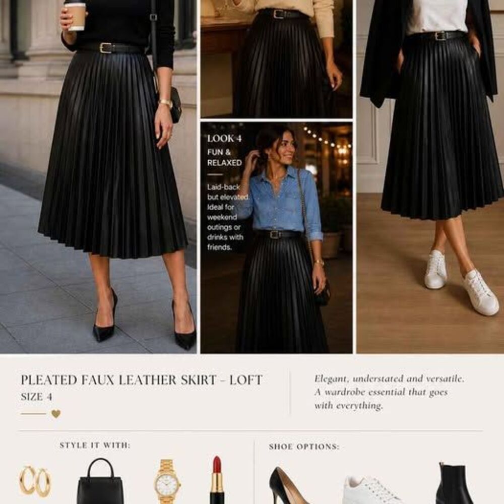 LOFT Pleated Faux Leather Skirt Black Size 4 Elegant Midi Chic